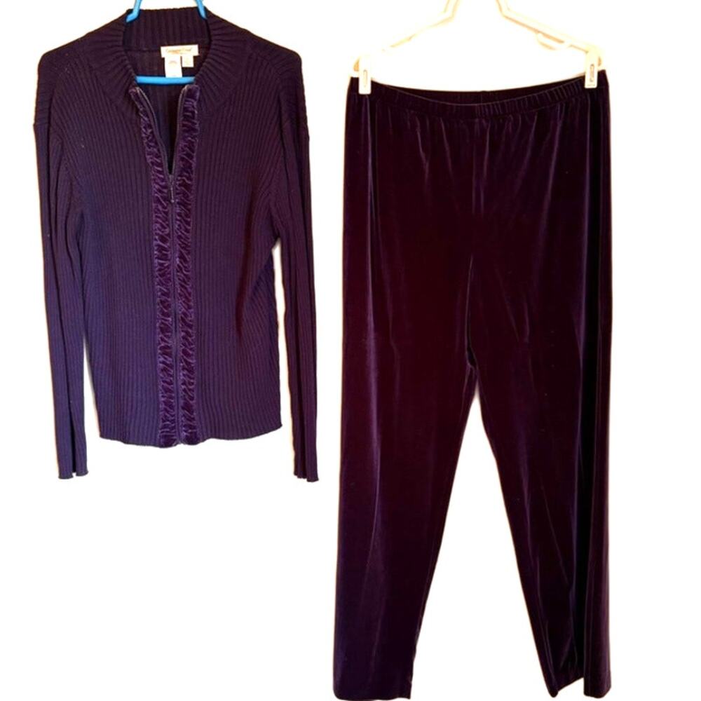 Coldwater Creek Purple Velvet & Ribbed Knit 2-Piece Sweater Pants Set Size L